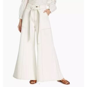 Farm Rio Wide Leg Trousers Pants White Jean Belted High Rise Bohemian Baggy Boho